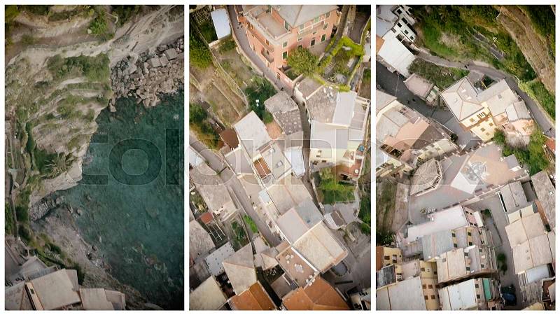 Overhead aerial view of Five Lands homes, Italy, stock photo