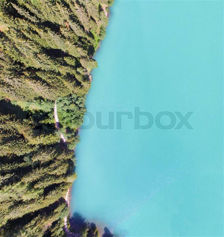 Beautiful mountain lake, overhead panoramic aerial view in summer season, stock photo