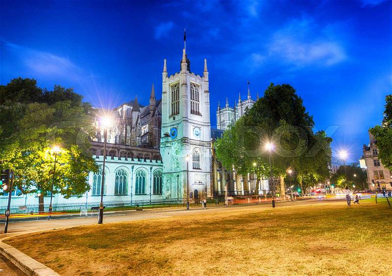 Westminster Abbey Precincts - Dean\'s Yard Park at night, London, stock photo