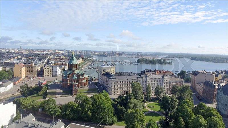 Aerial view of Helsinki skyline, stock photo