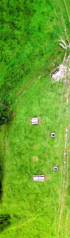 Overhead aerial panoramic view of mountain meadows in summer season, stock photo