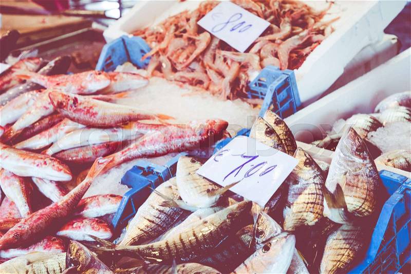 Colorful choice of fish at a market in Palermo, Sicily, Italy, stock photo