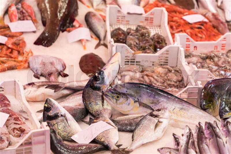 Colorful choice of fish at a market in Palermo, Sicily, Italy, stock photo