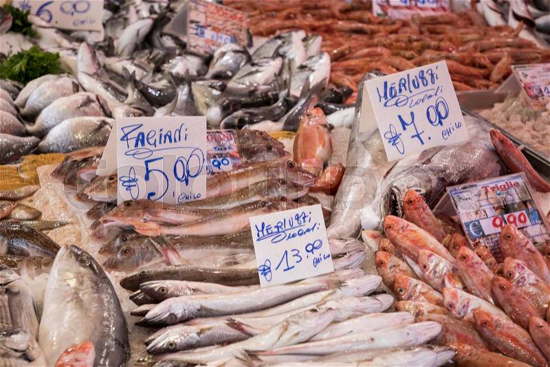 Colorful choice of fish at traditional market in Palermo, Sicily, Italy, stock photo