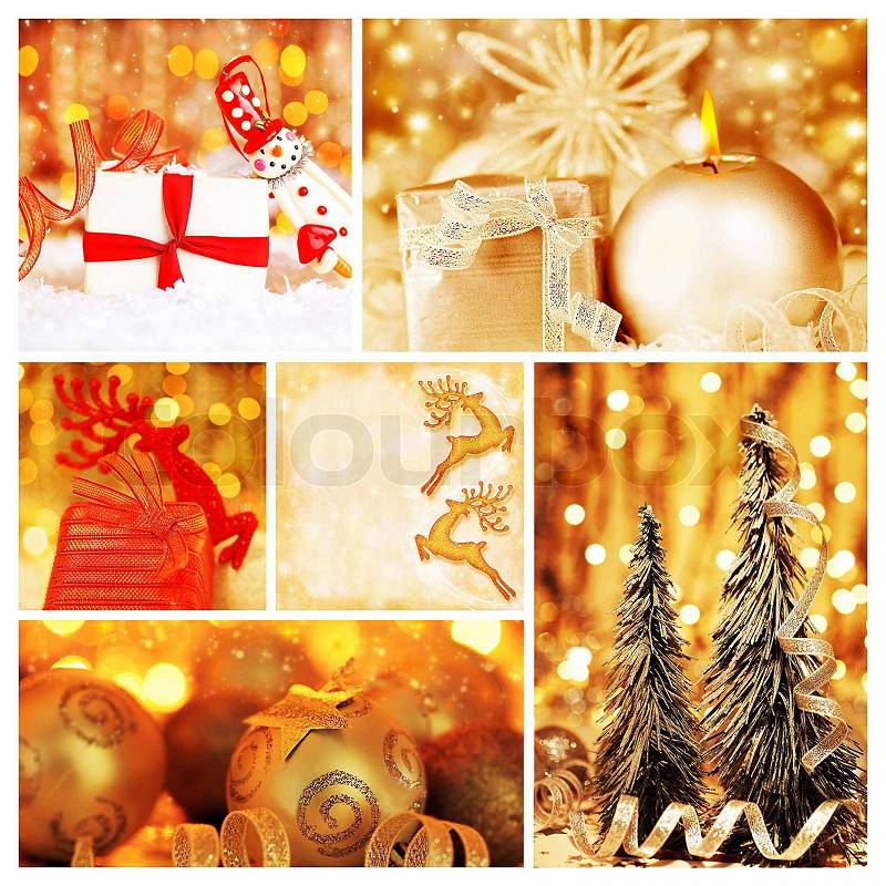 Golden collage of Christmas tree decorations, diversity of gold ornaments, winter holiday gifts and presents, bokeh shining backgrounds, stock photo