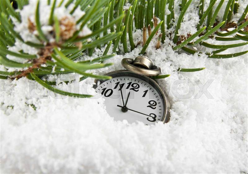 Clock and branch of a tree in the snow close-up, stock photo