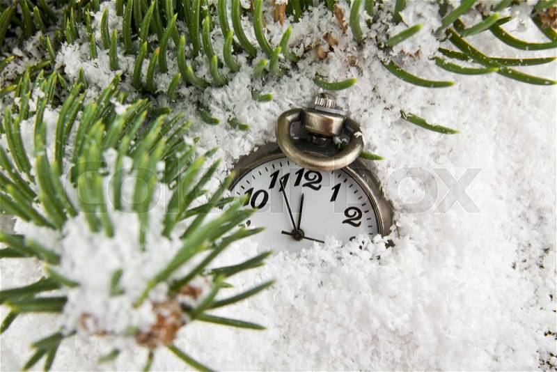 Clock and branch of a tree in the snow close-up, stock photo