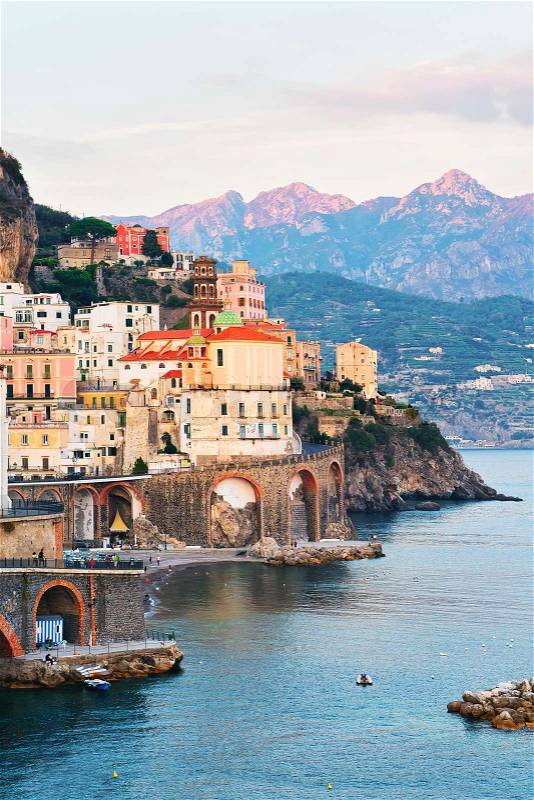 Amalfi town and Tyrrhenian sea in the evening, Amalfitana, Italy, stock photo