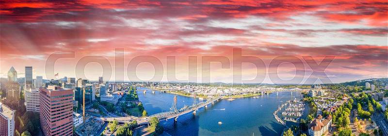 Panoramic aerial view of Portland skyline and Willamette river, stock photo