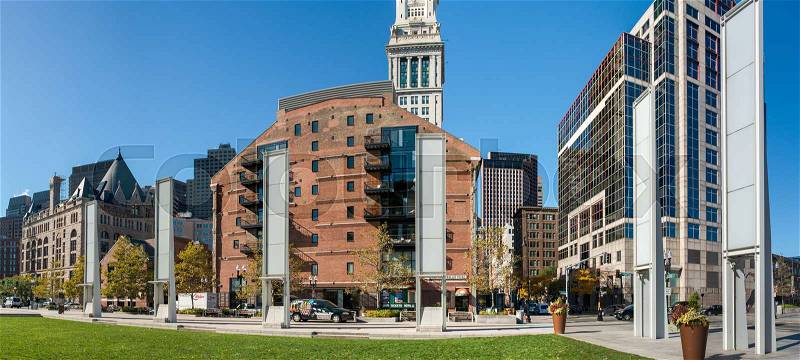 BOSTON - OCTOBER 18, 2015: City skyline on a beautiful day. Boston welcomes 10 million people annually, stock photo