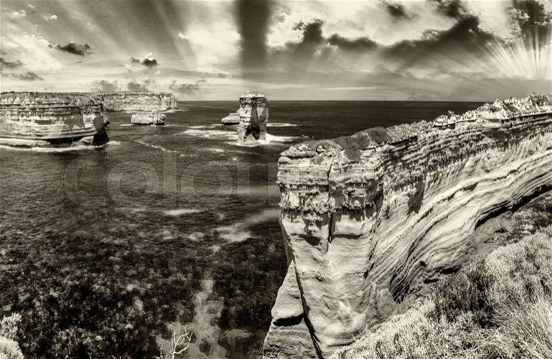 Black and white view of Great Ocean Road scenario, Australia, stock photo