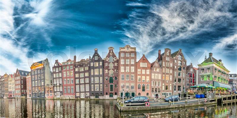 Dutch scenery with its canal side houses. Amsterdam panoramic skyline, stock photo