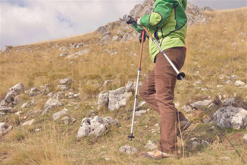 Young hikers walking with trekking poles in beautiful nature, stock photo