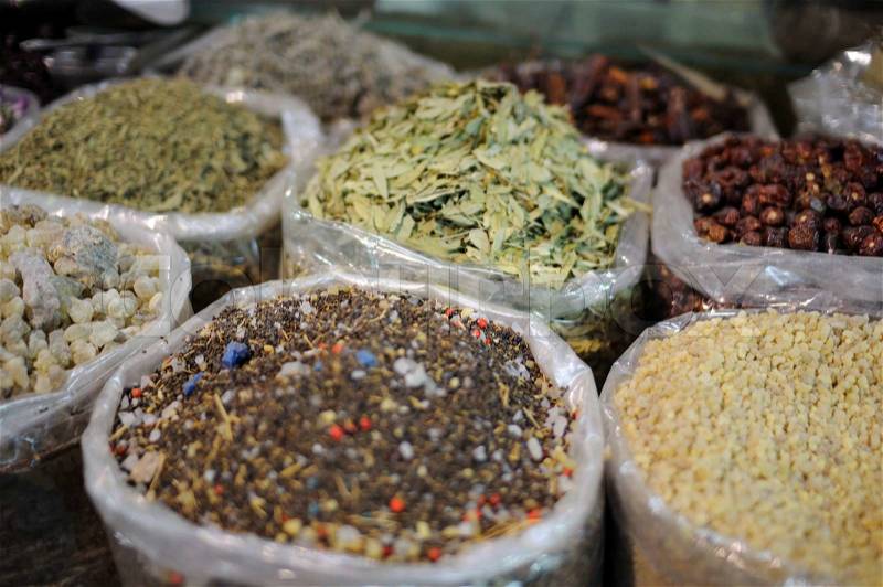 Arabic spices for sale in Dubai, United Arab Emirates, stock photo