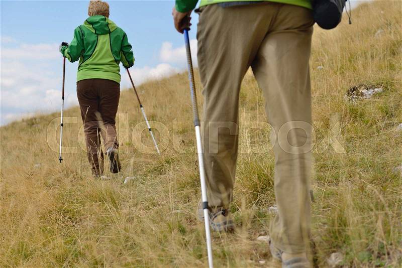 Young hikers walking with trekking poles in beautiful nature, stock photo