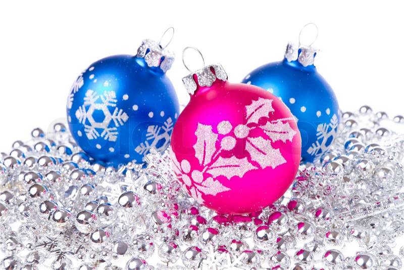 Christmas balls with tinsel isolated on white background, stock photo