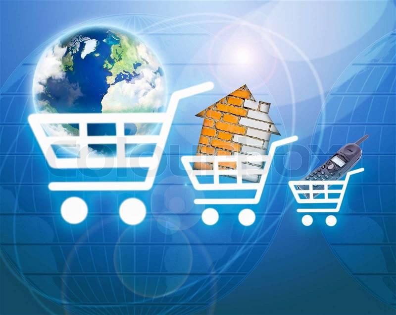 Shopping basket with earth, house, phone as a symbol of internet commerce, stock photo
