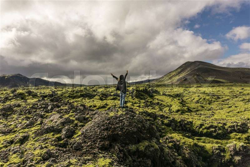 Person standing on rock with raised hands and looking at scenic icelandic landscape, stock photo