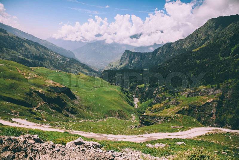 Beautiful scenic landscape with mountain valley and pathway in Indian Himalayas, Rohtang Pass, stock photo