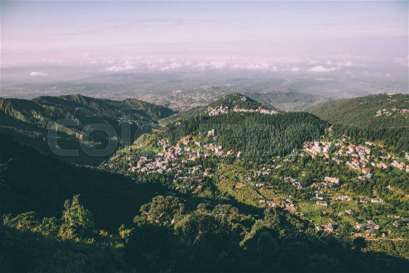 Beautiful scenic landscape with mountain village in Indian Himalayas, Dharamsala, Baksu, stock photo