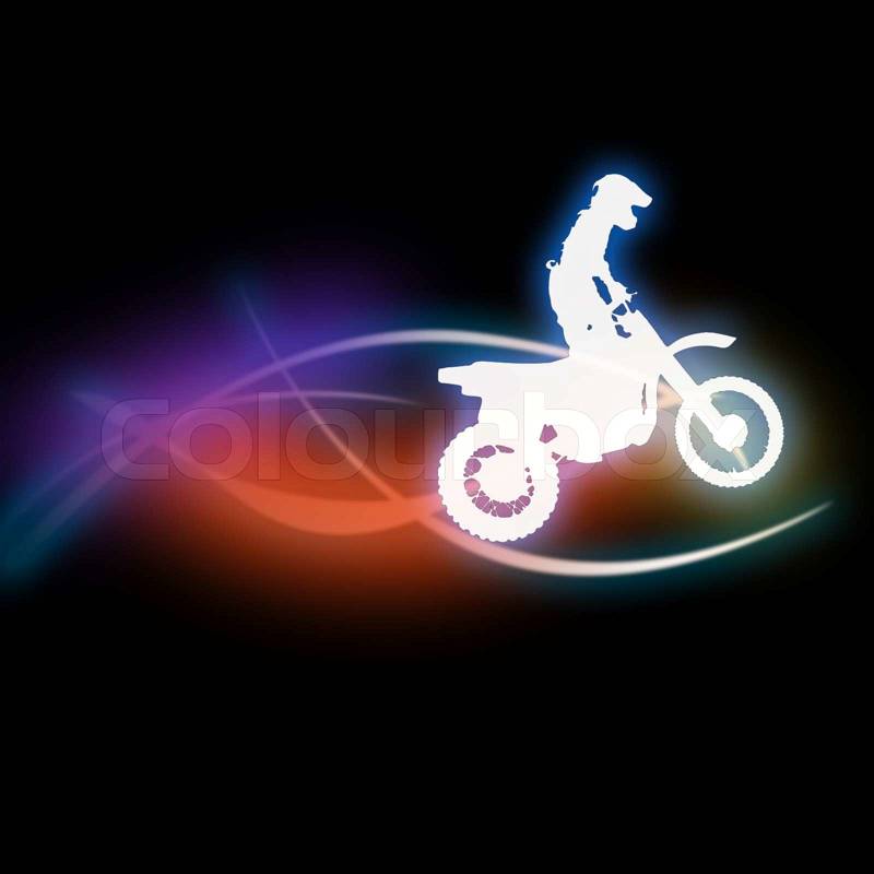 Silhouette of a man on a motorcycle on a dark background on the multicolored lines, stock photo