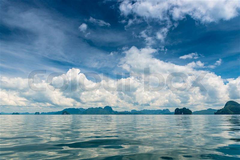 Postcard landscape view of beautiful Thailand, sea and mountains on a nice day, stock photo