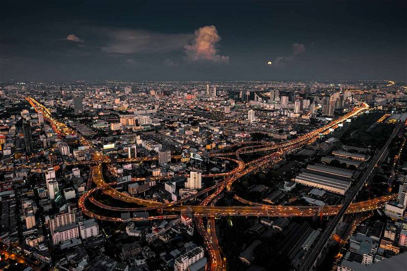 Night shooting of a large transport hub of Bangkok from a height, stock photo