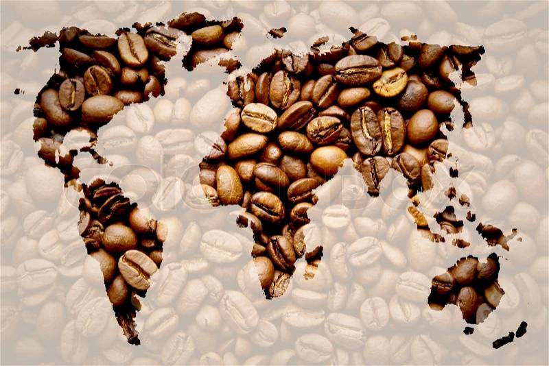 Map of the world of coffee on coffee background Coffee world concept, stock photo