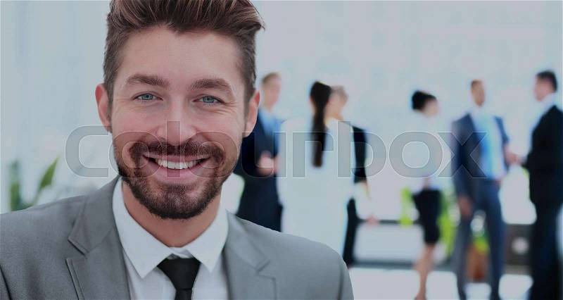 Successful business man in an office with blurred background, stock photo