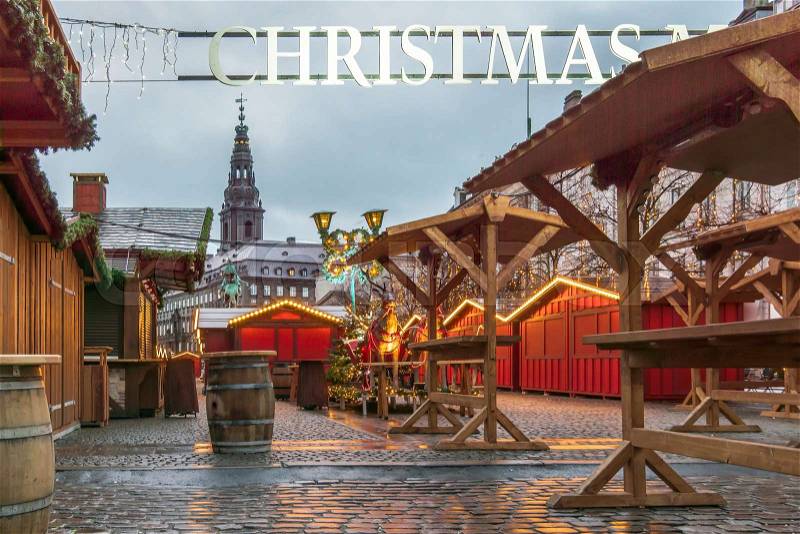 Christmas Market at Amagertorv Copenhagen, an early morning, Denmark, December 6, 2017, stock photo