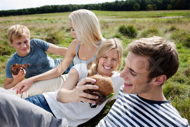 Four young persons sitting in grass, stock photo