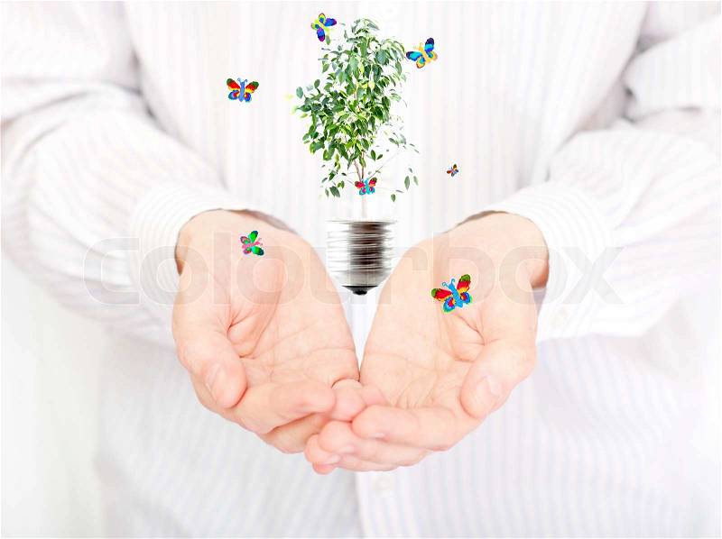 Human hand and multicolored butterflies plant and a symbol of the environment collage, stock photo