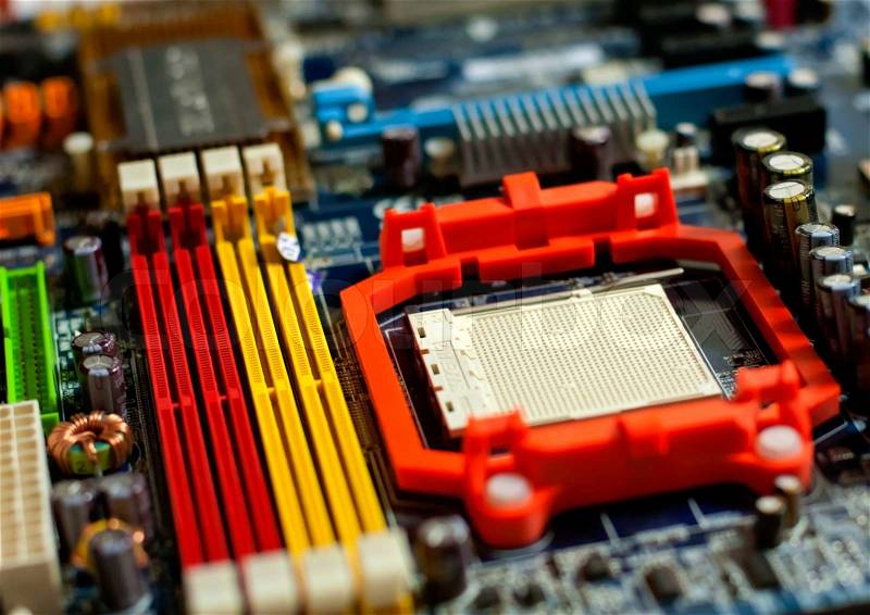 Close-up photo of view of system board computer part, stock photo