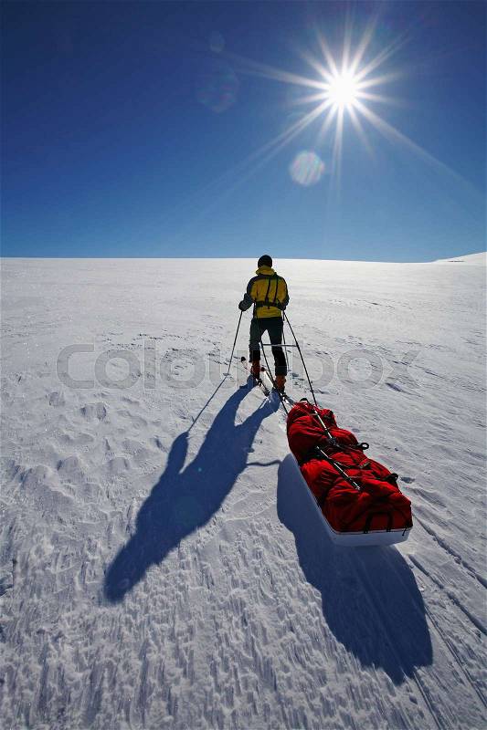 Man pulling pack in snow covered field, stock photo