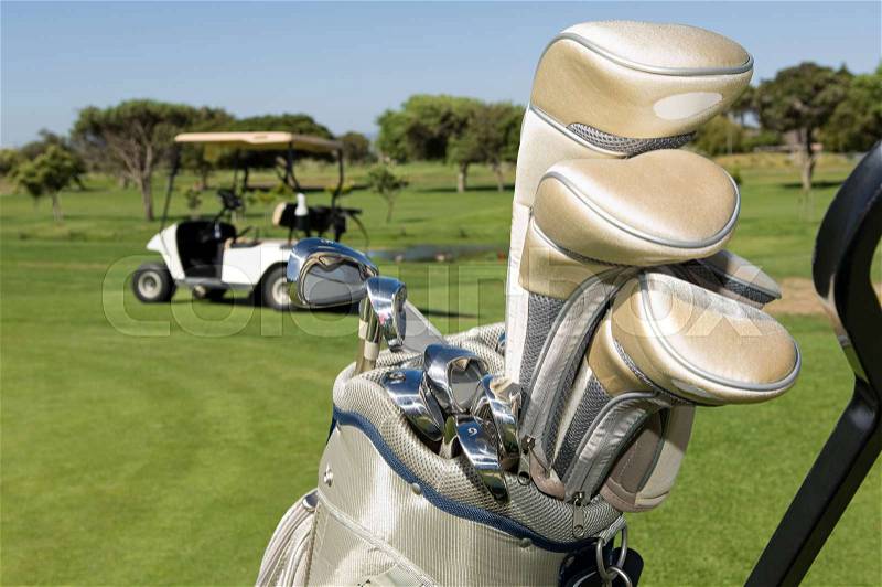Golf clubs in a golf bag, stock photo