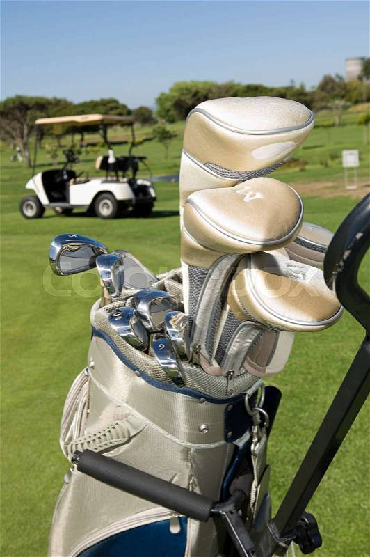 Golf clubs in a golf bag, stock photo