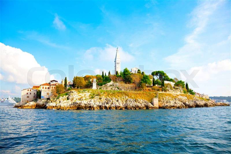 View of the old city Rovinj from the sea-city in Croatia situated on the north Adriatic Sea, stock photo