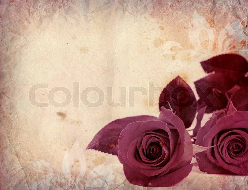 Vintage background with red roses and floral ornament, stock photo