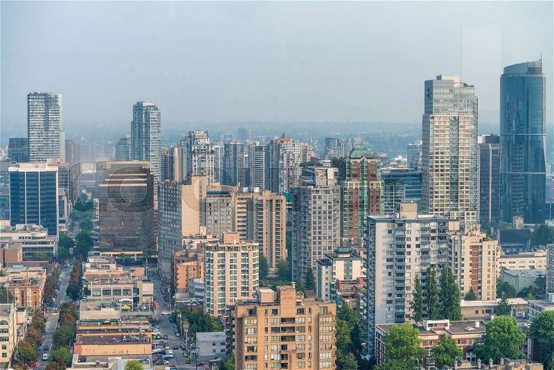 Aerial view of Vancouver Downtown skyline from city rooftop, British Columbia, Canada, stock photo