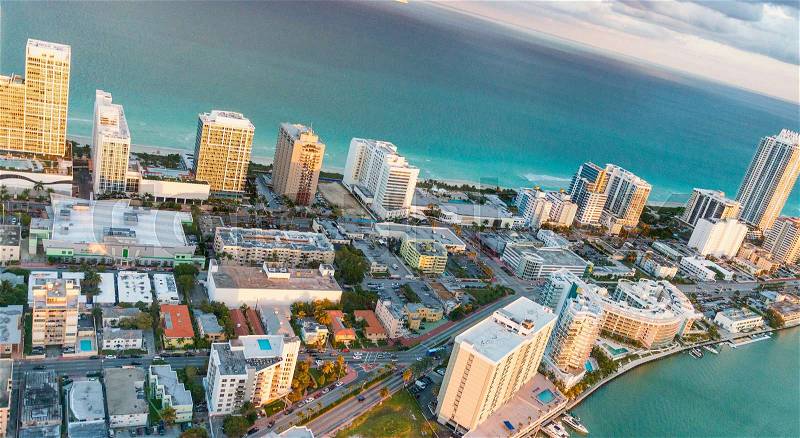 Aerial view from helicopter of Miami Beach at sunset, Florida, stock photo
