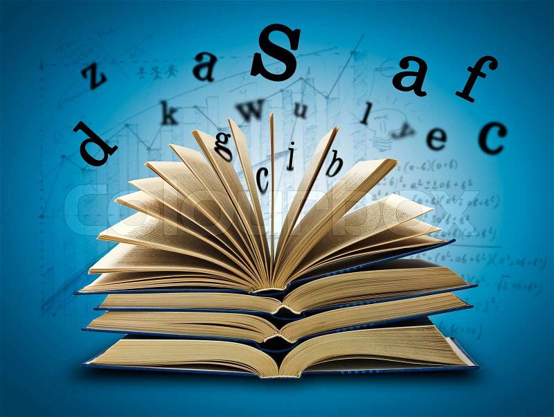 The Magic Book and the letters on a dark background with formula Education concept, stock photo