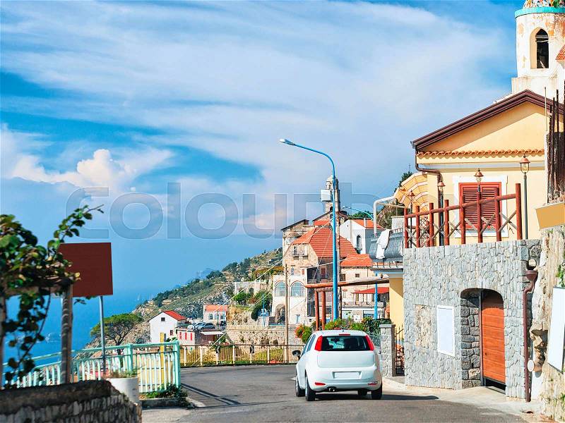 Car on road in Agerola on Amalfi coast, Italy, stock photo