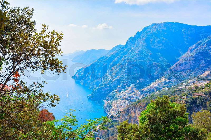 Nature at Path of Gods on Tyrrhenian sea and Positano, Amalfi coast, Italy, stock photo