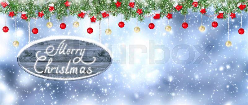 Christmas banner. Santa boots, gloves, stars and balls hanging on spruce garland and signboard on snowing background. New Year winter holidays concept. Empty place for photo or text. Copy space, stock photo