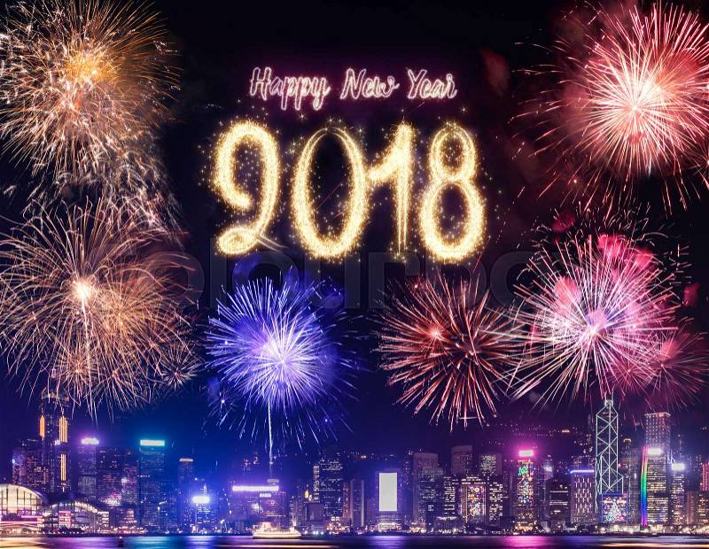 Happy new year 2018 firework over cityscape building near sea at night time celebration,Happy new year countdown, stock photo
