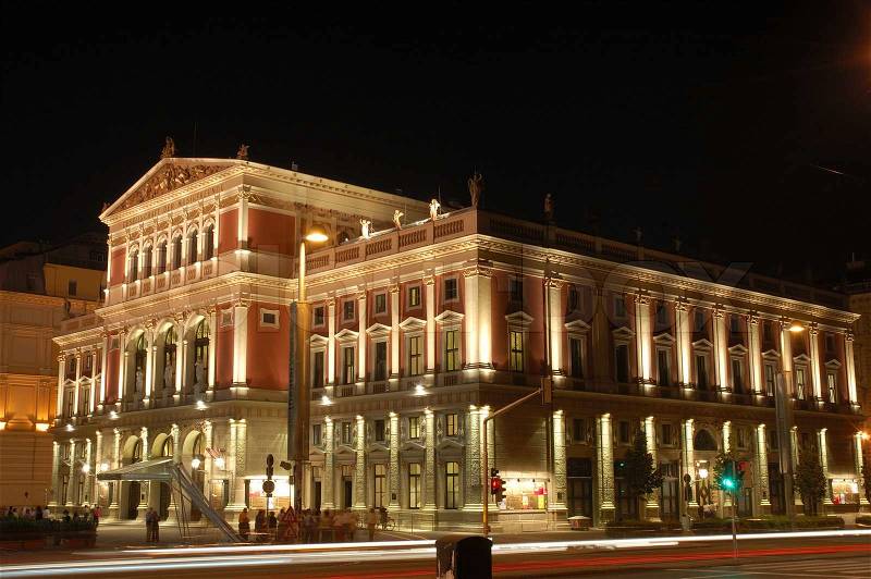 The Musikverein at Night in Vienna, Austria, stock photo