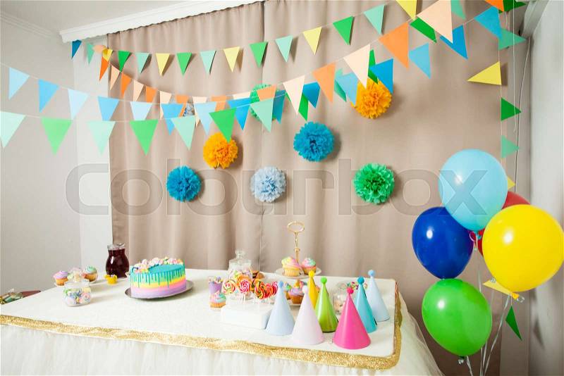 Decorated table in the room  for Happy  Birthday  Party  