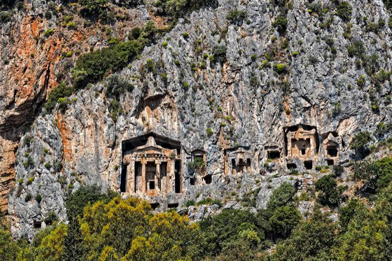 Ancient antique tombs of Lycian kings in the Taurus mountains, stock photo