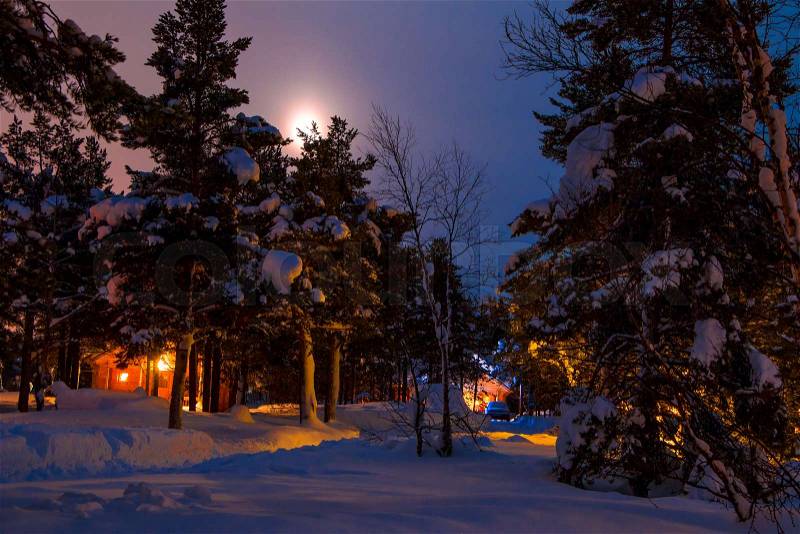 Car camping in the winter forest. A lot of snow. Night illumination and the moon in the misty sky, stock photo