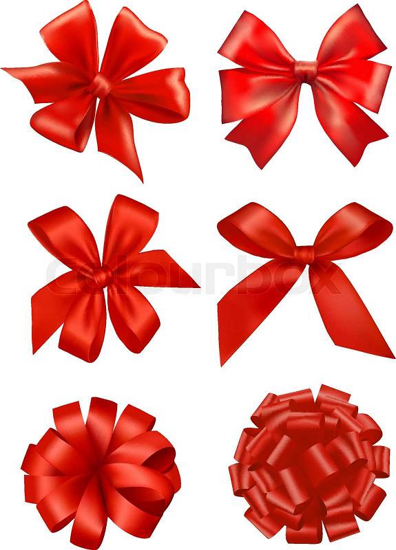Big set of red gift bows with ribbons. Vector.  Stock 